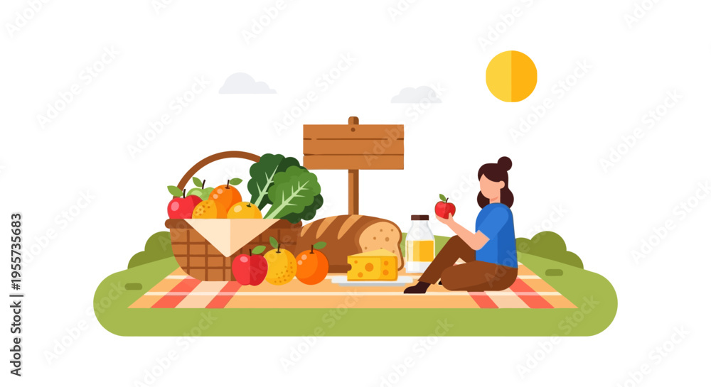 Fototapeta premium Summer Picnic Illustration with Basket, Fruit, and Blank Wooden Sign. Woman Relaxing Outdoors and Eating Healthy Food. Flat Vector Design.