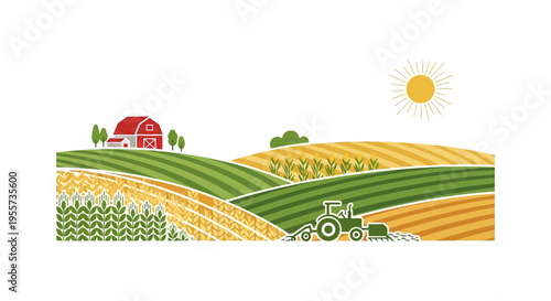 Farming Landscape Vector Illustration: Tractor Cultivating Fields, Red Barn, Wheat and Corn Crops, Rural Agriculture Scene.