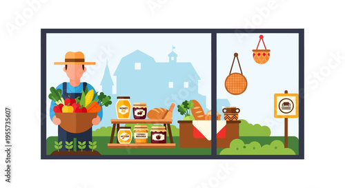 Farmer Selling Fresh Produce, Honey, and Goods at a Farm Stand Market. Flat Design Vector Illustration of Local Organic Food Commerce.