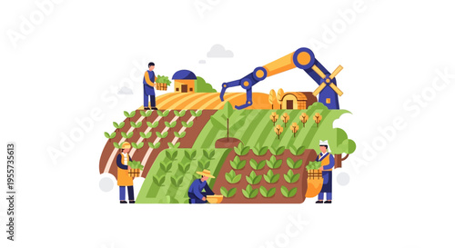 Smart Farming Robot and Farmers Harvesting Crops Illustration. Modern Agricultural Automation Technology and Sustainable Food Production Concept.