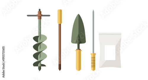 Professional Soil Sampling Tools and Equipment Set. Geotechnical Hand Auger, Core Probe, Trowel, and Sample Bag Illustration.
