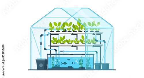 Aquaponics System Vector Illustration. Sustainable Vertical Farming, Hydroponics and Aquaculture Ecosystem in Greenhouse Setup.