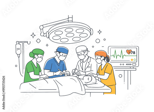 Surgical team performing a critical operation in a modern hospital operating room where several medical professionals carefully collaborate around a patient on the operating table