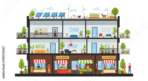 Eco-Friendly Sustainable Building: Vertical Farm, Green Roof, Solar Energy, and Local Market Concept