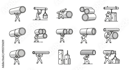 Construction Worker and Industrial Pipe Icons Set - Minimalist Vector Illustrations for Infrastructure and Engineering Projects