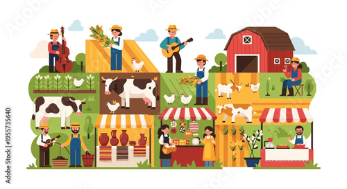 Vibrant Farmers Market and Rural Life Illustration: Agriculture, Community, Farm-to-Table, Livestock, and Musical Entertainment