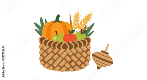 Autumn Harvest Basket with Pumpkin, Apples, and Wheat next to a Dreidel. Jewish holiday flat vector illustration.