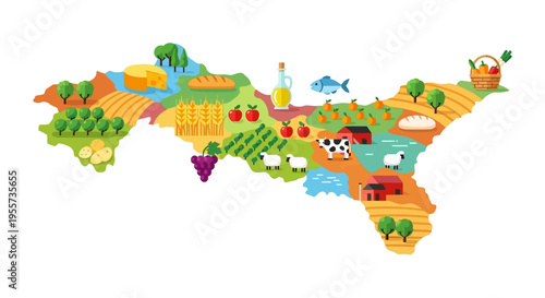 Agriculture Map Illustration: Regional Food Production, Farming Crops, Livestock, and Local Specialty Products Infographic.