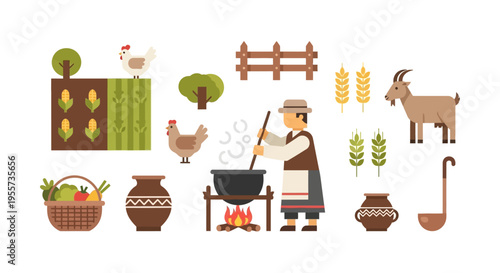 Flat Farm Icon Set: Farmer Cooking, Corn Field, Goat, Chickens, Harvest Basket, and Rustic Agriculture Elements Collection