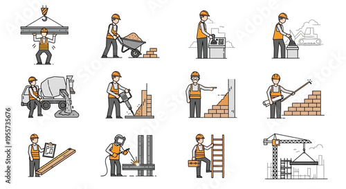 Construction Worker Icon Set - Professional Builders, Engineers, and Contractors Working on Building Site with Machinery and Equipment - Vector Illustration