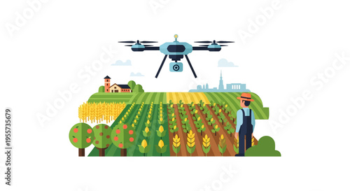 Precision Agriculture Drone Monitoring Farm Fields. Smart Farmer Using Technology for Crop Survey and Modernization.