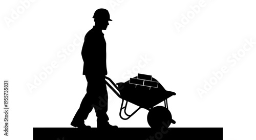Silhouette of Construction Worker Pushing Wheelbarrow with Bricks, Manual Labor Building Site Illustration