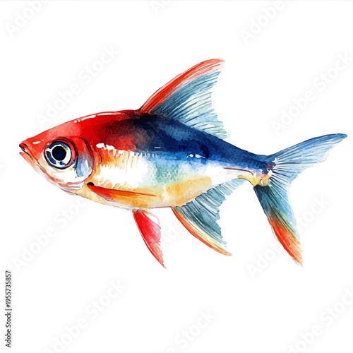 Neon Tetra, playful watercolor vector depicting lively antics and expressive gestures, isolated on a white background.
