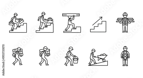 Construction Worker Icon Set - Manual Labor, Career Growth, and Industrial Safety Pictograms - Minimalist Line Art Vector