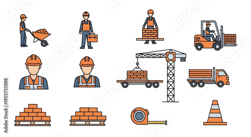 Construction Site Icons Set featuring Workers, Heavy Machinery, and Building Materials