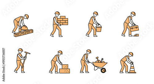 Set of Construction Worker Icons Featuring Laborers with Tools, Bricks, Wheelbarrow, and Safety Equipment for Building and Industrial Projects
