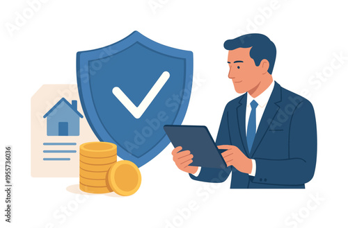 Insurance protection and asset security planning in a financial services context, a large protective shield positioned in front of a small group of assets such as coins and a house