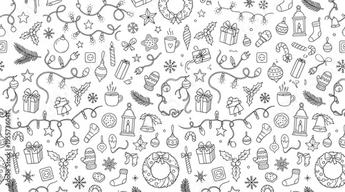 Festive winter holiday lights theme with cheerful commercial feel, doodle objects including string lights, fairy lights, small bulbs, large bulbs, twisted wire, plugs, sockets,