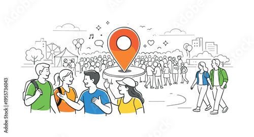 Public event participation concept where groups of people gather and walk together through an organized open space during a city activity, a large crowd cluster and a central