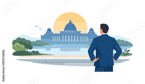 A leadership perspective scene where an individual considers long term vision and strategic legacy while observing monumental architecture in a peaceful outdoor setting, visual