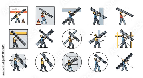Construction Worker Carrying Heavy Beams Icon Set. Flat Line Illustrations of Industrial Labor, Manual Work, and Building Site Safety.
