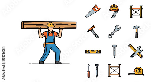 Construction Worker Carrying Wooden Plank with Set of Industrial Tool Icons for Building and Renovation Projects