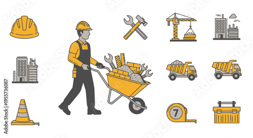 Construction Worker Character and Industrial Building Equipment Icon Set Vector Illustration