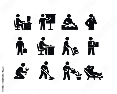 Everyday work tasks: person using desktop computer, person presenting at board, person writing in notebook, person answering phone call, person carrying briefcase, person working