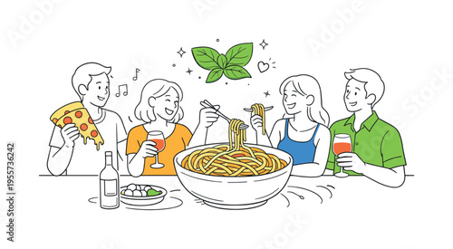 Food lovers exploring Italian cuisine during a casual cooking and tasting moment where friends gather to appreciate classic Mediterranean flavors, representing culinary culture and