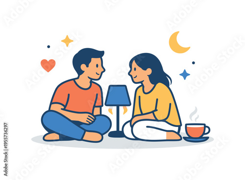 Relaxed evening at home centered on shared leisure and quiet domestic happiness, two people sitting comfortably beside a small floor lamp and a cup of tea creating a symbolic scene