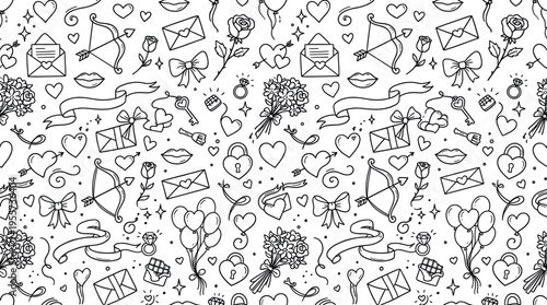 Love and romance elements theme with soft playful vibe, doodle objects including hearts, small hearts, double hearts, arrow hearts, cupid bow, envelope, love letter, rose, flowers,