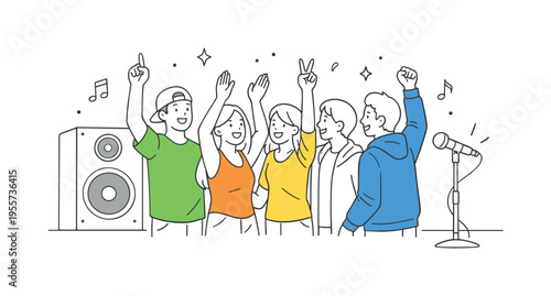 Live music concert celebration scene where a small group of people stands together in front of a large stage speaker and a single microphone stand, raising their hands to the