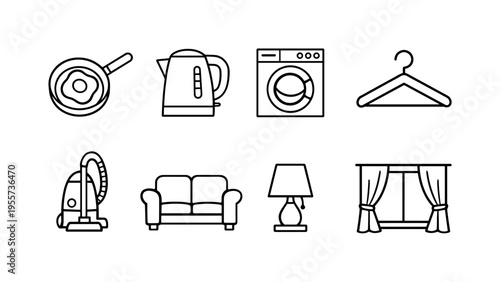 Home routine essentials: frying pan with egg, kettle, washing machine, clothes hanger, vacuum cleaner, sofa couch, table lamp, window with curtains