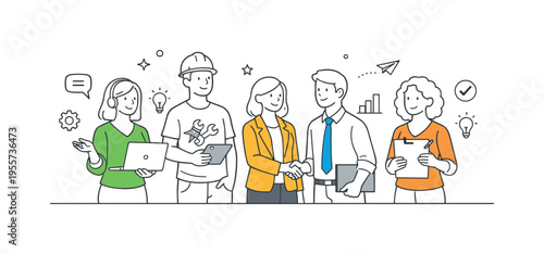 Corporate team introduction and professional diversity concept showing a lineup of employees representing different roles and skills within an organization, using aligned character
