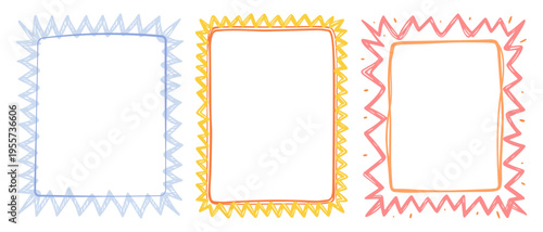 Loosely hand-drawn set of colorful summer frames with colored pencils on a transparent background