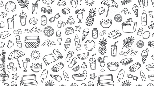 Tropical beach refreshment and summer food concept highlighting juicy fruits, cold beverages, and light snacks enjoyed during seaside vacations and outdoor. Objects of