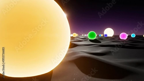 Diverse Glowing Spheres on Alien Landscape Under Starry Sky