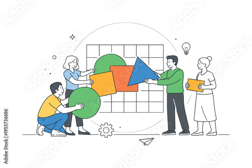 A small group arranging abstract geometric elements into a cohesive modern set for branding and layout use, emphasizing simplicity and visual harmony, represented by a clear visual