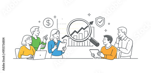 Financial analysis and investment decision-making concept where a team evaluates data to optimize returns and reduce risks, featuring a rising graph and magnifying glass as a