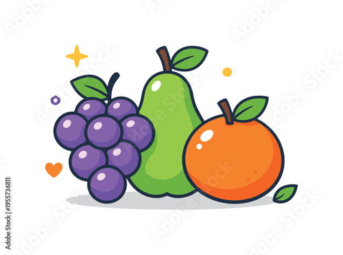 Healthy lifestyle illustration focused on everyday fruit consumption and natural food choices, a balanced group of simple fruit shapes including grapes, a pear, and an orange