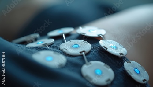 Electrodes on skin with blue light connect to TENS unit. Device offers pain relief and muscle stimulation for therapy. Modern healthcare tech for comfort and wellness. Accelerates recovery processes.