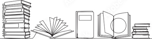 Illustration of various open and closed books arranged in a creative layout