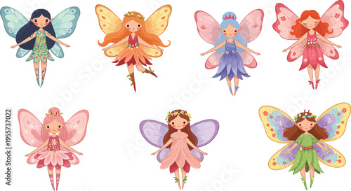 Collection of six colorful whimsical fairies with delicate wings and dresses in various pastel shades and colors standing isolated