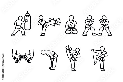 Martial arts training actions: punching bag strike, wooden board break kick, meditation kneeling pose, sparring guard stance, belt tying gesture, dojo bow pose, stretching high