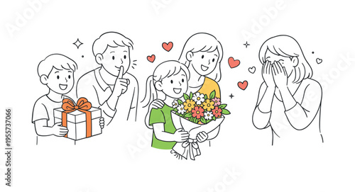 Mother's Day flowers celebration scene where a small group prepares a heartfelt surprise for a mother, using a clear visual metaphor of a bouquet of flowers, a wrapped gift box
