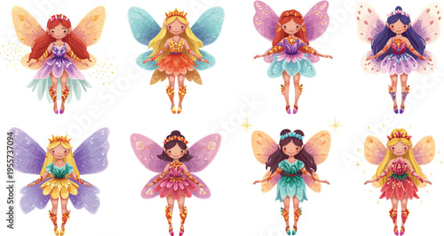 Collection of seven colorful fairy dolls with wings in various poses and dresses