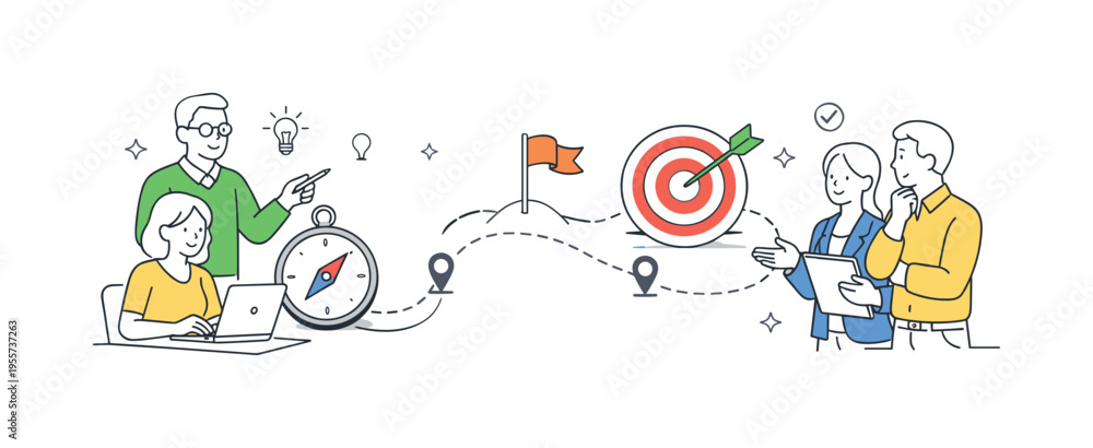 Fototapeta premium A business group collaborating on strategic planning and tracking progress toward key objectives, organizing tasks and timelines in a clear and actionable way, represented by a