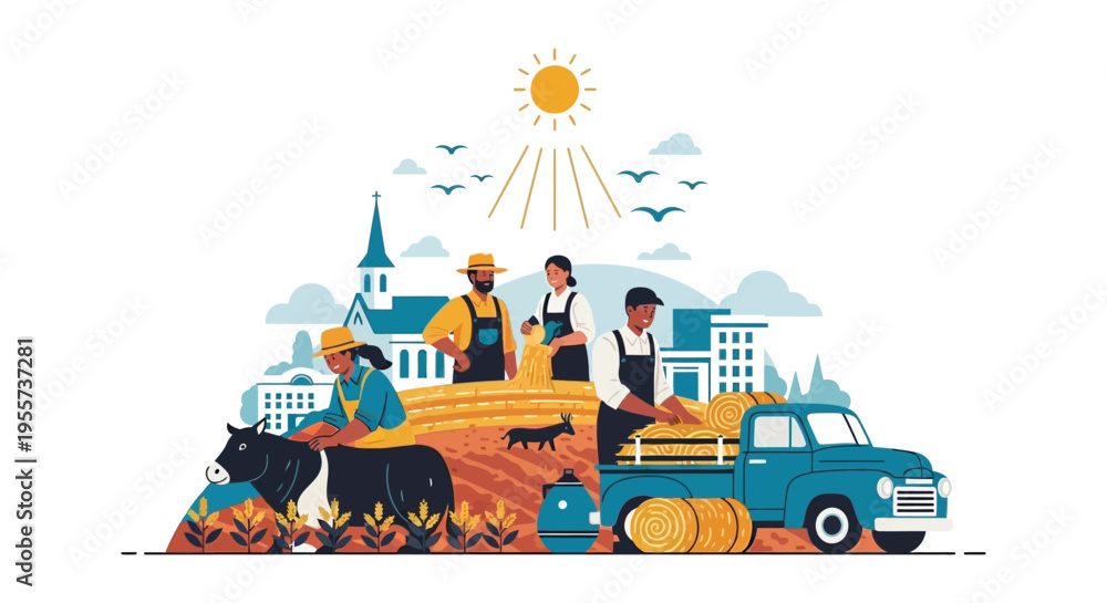 Obraz premium Diverse Group of Farmers Working the Harvest. Flat Illustration of Agriculture, Livestock Care, and Hay Transportation Connecting Farm to City.