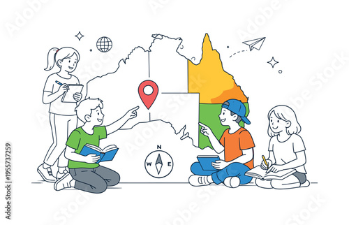 Education and geography learning moment where students explore the shape and regions of Australia during a collaborative study activity, representing global knowledge and cultural