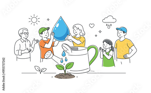 Community water conservation awareness scene where a small group of people gathers around a large symbolic water drop being carefully placed into a watering can that nourishes a